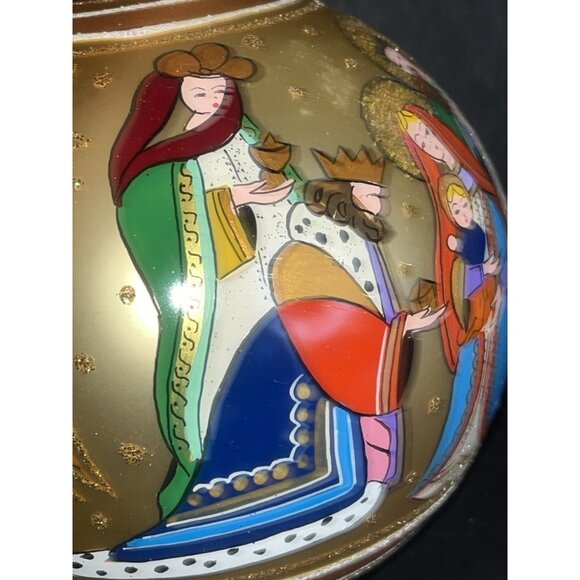 Vintage Large Christmas Ornament Nativity Scene Hand Painted Glass Glitter 5" - Picture 4 of 10